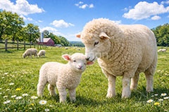 羊の親子,羊,ひつじ,ヒツジ,シープ,未,未年,干支,可愛い,かわいい,カワイイ,もこもこ,モコモコ,牧場,草原,sheep,cute,AI生成素材