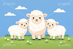 羊の親子,羊,ひつじ,ヒツジ,シープ,未,未年,干支,草原,可愛い,かわいい,カワイイ,もこもこ,モコモコ,イラスト,illustration,sheep,cute,AI生成素材