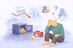 お金の悩み,不安,老後,高齢化,家計,貯金,銀行,積立,積み立て,投資,資産運用,資産,金,お金,マネー,チャート上昇,チャート,コイン,通貨,株,株価,株価指数,上昇,急騰,下落,暴落,企業,決算,円安,仮想通貨,不動産,金利,グラフ,トレード,ローソク足,損失,ニュース,記事,金庫,人物,高齢者,お年寄り,男性,news,NISA,経済,GDP,chart,graph,money,trade,coin,bank,AI生成素材