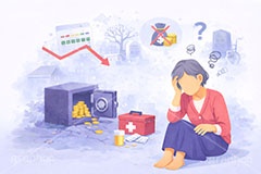 お金の悩み,不安,老後,高齢化,家計,貯金,銀行,積立,積み立て,投資,資産運用,資産,金,お金,マネー,チャート上昇,チャート,コイン,通貨,株,株価,株価指数,上昇,急騰,下落,暴落,企業,決算,円安,仮想通貨,不動産,金利,グラフ,トレード,ローソク足,損失,ニュース,記事,金庫,人物,高齢者,お年寄り,女性,news,NISA,経済,GDP,chart,graph,money,trade,coin,bank,AI生成素材