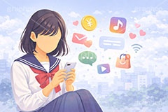 スマホ依存,依存,依存症,SNS,スマホ,スマートフォン,通知,デジタル,コミュニケーション,いいね,グッド,バッド,お気に入り,コメント,吹き出し,フキダシ,共有,ポップアップ,UI,炎上,トレンド,フォロワー,フォロー,誹謗中傷,誹謗,中傷,プラットフォーム,メディア,アイコン,ニュース,記事,人物,学生,中学生,女子,女性,セーラー服,制服,news,icon,digital,phone,bell,good,bad,communication,media,AI生成素材