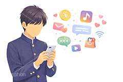 スマホ依存,依存,依存症,SNS,スマホ,スマートフォン,通知,デジタル,コミュニケーション,いいね,グッド,バッド,お気に入り,コメント,吹き出し,フキダシ,共有,ポップアップ,UI,炎上,トレンド,フォロワー,フォロー,誹謗中傷,誹謗,中傷,プラットフォーム,メディア,アイコン,ニュース,記事,人物,学生,中学生,男子,男性,学ラン,制服,news,icon,digital,phone,bell,good,bad,communication,media,AI生成素材