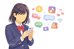 スマホ依存,依存,依存症,SNS,スマホ,スマートフォン,通知,デジタル,コミュニケーション,いいね,グッド,バッド,お気に入り,コメント,吹き出し,フキダシ,共有,ポップアップ,UI,炎上,トレンド,フォロワー,フォロー,誹謗中傷,誹謗,中傷,プラットフォーム,メディア,アイコン,ニュース,記事,人物,学生,高校生,女子高生,女子,女性,ブレザー,制服,news,icon,digital,phone,bell,good,bad,communication,media,AI生成素材