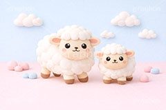 羊の親子,クレイ,粘土,未年,羊,ひつじ,ヒツジ,シープ,未,未年,干支,可愛い,かわいい,カワイイ,もこもこ,モコモコ,sheep,cute,japan,clay,AI生成素材