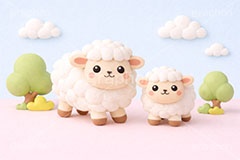 羊の親子,クレイ,粘土,未年,羊,ひつじ,ヒツジ,シープ,未,未年,干支,可愛い,かわいい,カワイイ,もこもこ,モコモコ,sheep,cute,japan,clay,AI生成素材