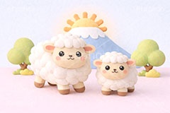 羊の親子,クレイ,粘土,未年,年賀状,お正月,正月,富士山,初日の出,羊,ひつじ,ヒツジ,シープ,未,未年,干支,可愛い,かわいい,カワイイ,もこもこ,モコモコ,sheep,cute,japan,clay,AI生成素材