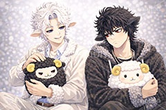 白羊＆黒羊,白羊のイケメン,白羊,黒羊のイケメン,黒羊,ひつじ,ヒツジ,羊,シープ,擬人化,イケメン,男子,男の子,美男子,人物,カッコイイ,かっこいい,クール,未,未年,干支,もこもこ,モコモコ,イラスト,キャラクター,illustration,sheep,character,japan,clay,AI生成素材