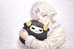 白羊のイケメン,白羊,ひつじ,ヒツジ,羊,シープ,擬人化,イケメン,男子,男の子,美男子,人物,ぬいぐるみ,抱く,抱きしめる,マスコット,カッコイイ,かっこいい,やさしい,優しい,癒し系,未,未年,干支,もこもこ,モコモコ,イラスト,キャラクター,illustration,sheep,character,japan,clay,AI生成素材