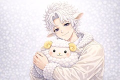 白羊のイケメン,白羊,ひつじ,ヒツジ,羊,シープ,擬人化,イケメン,男子,男の子,美男子,人物,ぬいぐるみ,抱く,抱きしめる,マスコット,カッコイイ,かっこいい,やさしい,優しい,癒し系,未,未年,干支,もこもこ,モコモコ,イラスト,キャラクター,illustration,sheep,character,japan,clay,AI生成素材