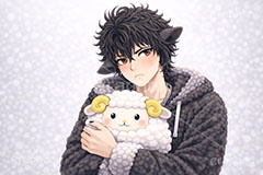 黒羊のイケメン,黒羊,ひつじ,ヒツジ,羊,シープ,擬人化,イケメン,男子,男の子,美男子,人物,ぬいぐるみ,マスコット,抱く,抱きしめる,カッコイイ,かっこいい,クール,やんちゃ,ストリート系,未,未年,干支,もこもこ,モコモコ,イラスト,キャラクター,illustration,sheep,character,japan,clay,AI生成素材