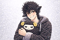 黒羊のイケメン,黒羊,ひつじ,ヒツジ,羊,シープ,擬人化,イケメン,男子,男の子,美男子,人物,ぬいぐるみ,マスコット,抱く,抱きしめる,カッコイイ,かっこいい,クール,やんちゃ,ストリート系,未,未年,干支,もこもこ,モコモコ,イラスト,キャラクター,illustration,sheep,character,japan,clay,AI生成素材
