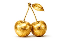 金のサクランボ,サクランボ,さくらんぼ,チェリー,金のフルーツ,リッチ,ゴールド,高級,高価,キラキラ,ラメ,セレブ,面白い,おもしろ,rich,gold,fruit,cherry,AI生成素材