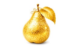 金のラフランス,ラフランス,洋梨,洋ナシ,洋なし,金のフルーツ,リッチ,ゴールド,高級,高価,キラキラ,ラメ,セレブ,面白い,おもしろ,rich,gold,fruit,AI生成素材