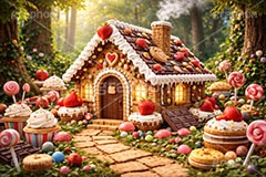 お菓子の家,お菓子,菓子,おかし,スイーツ,デザート,スウィート,甘い,クッキー,ビスケット,チョコレート,ドーナツ,カップケーキ,キャンディ,飴,いちご,苺,ストロベリー,クリーム,家,おとぎ話,童話,メルヘン,dessert,candy,chocolate,cookie,biscuit,sweet,donut,cake,strawberry,AI生成素材