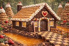 お菓子の家,お菓子,菓子,おかし,スイーツ,デザート,スウィート,甘い,クッキー,ビスケット,チョコレート,ドーナツ,カップケーキ,キャンディ,飴,いちご,苺,ストロベリー,クリーム,家,おとぎ話,童話,メルヘン,dessert,candy,chocolate,cookie,biscuit,sweet,donut,cake,strawberry,AI生成素材