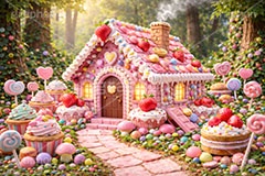 お菓子の家,お菓子,菓子,おかし,スイーツ,デザート,スウィート,甘い,クッキー,ビスケット,チョコレート,ドーナツ,カップケーキ,キャンディ,飴,いちご,苺,ストロベリー,クリーム,家,おとぎ話,童話,メルヘン,dessert,candy,chocolate,cookie,biscuit,sweet,donut,cake,strawberry,AI生成素材