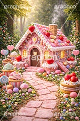 お菓子の家,お菓子,菓子,おかし,スイーツ,デザート,スウィート,甘い,クッキー,ビスケット,チョコレート,ドーナツ,カップケーキ,キャンディ,飴,いちご,苺,ストロベリー,クリーム,家,おとぎ話,童話,メルヘン,dessert,candy,chocolate,cookie,biscuit,sweet,donut,cake,strawberry,AI生成素材