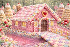 お菓子の家,お菓子,菓子,おかし,スイーツ,デザート,スウィート,甘い,クッキー,ビスケット,チョコレート,ドーナツ,カップケーキ,キャンディ,飴,いちご,苺,ストロベリー,クリーム,家,おとぎ話,童話,メルヘン,dessert,candy,chocolate,cookie,biscuit,sweet,donut,cake,strawberry,AI生成素材