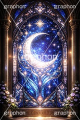 月のステンドグラス,ステンドグラス,ガラス,色ガラス,ファンタジー,ゲーム,月,三日月,神殿,鉛,ハンダ,西洋,教会,聖堂,glass,church,game,moon,AI生成素材