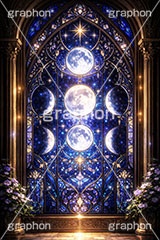 月のステンドグラス,ステンドグラス,ガラス,色ガラス,ファンタジー,ゲーム,月,三日月,神殿,鉛,ハンダ,西洋,教会,聖堂,glass,church,game,moon,AI生成素材