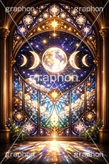 月のステンドグラス,ステンドグラス,ガラス,色ガラス,ファンタジー,ゲーム,神殿,鉛,ハンダ,西洋,教会,聖堂,神々しい,glass,church,game,AI生成素材