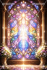 ステンドグラス,ガラス,色ガラス,ファンタジー,ゲーム,神殿,鉛,ハンダ,西洋,教会,聖堂,神々しい,glass,church,game,AI生成素材