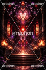 邪悪なステンドグラス,ステンドグラス,ガラス,色ガラス,ファンタジー,ゲーム,神殿,鉛,ハンダ,邪悪,怖い,ホラー,ボス,魔王,デビル,地獄,ロウソク,ろうそく,蝋燭,西洋,教会,聖堂,glass,church,game,boss,horror,candle,AI生成素材