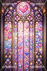 ポップなステンドグラス,ステンドグラス,ガラス,色ガラス,ファンタジー,ゲーム,神殿,鉛,かわいい,カワイイ,可愛い,ポップ,平成レトロ,ハート,ハンダ,西洋,教会,聖堂,glass,church,game,POP,heart,AI生成素材