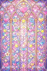 ポップなステンドグラス,ステンドグラス,ガラス,色ガラス,ファンタジー,ゲーム,神殿,鉛,かわいい,カワイイ,可愛い,ポップ,平成レトロ,ハート,ハンダ,西洋,教会,聖堂,glass,church,game,POP,heart,AI生成素材