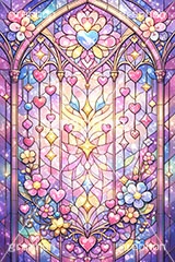 ポップなステンドグラス,ステンドグラス,ガラス,色ガラス,ファンタジー,ゲーム,神殿,鉛,かわいい,カワイイ,可愛い,ポップ,平成レトロ,ハート,ハンダ,西洋,教会,聖堂,glass,church,game,POP,heart,AI生成素材