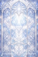 氷のステンドグラス,ステンドグラス,ガラス,色ガラス,ファンタジー,ゲーム,神殿,鉛,ハンダ,氷,雪,結晶,雪の結晶,西洋,教会,聖堂,glass,church,game,ice,snow,AI生成素材
