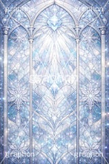 氷のステンドグラス,ステンドグラス,ガラス,色ガラス,ファンタジー,ゲーム,神殿,鉛,ハンダ,氷,雪,結晶,雪の結晶,西洋,教会,聖堂,glass,church,game,ice,snow,AI生成素材