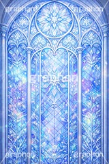 氷のステンドグラス,ステンドグラス,ガラス,色ガラス,ファンタジー,ゲーム,神殿,鉛,ハンダ,氷,雪,結晶,雪の結晶,西洋,教会,聖堂,glass,church,game,ice,snow,AI生成素材