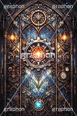 スチームパンクなステンドグラス,ステンドグラス,ガラス,色ガラス,ファンタジー,ゲーム,神殿,鉛,ハンダ,スチームパンク,歯車,かっこいい,カッコイイ,クール,西洋,教会,聖堂,glass,church,game,cool,punk,AI生成素材