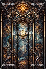 スチームパンクなステンドグラス,ステンドグラス,ガラス,色ガラス,ファンタジー,ゲーム,神殿,鉛,ハンダ,スチームパンク,歯車,かっこいい,カッコイイ,クール,西洋,教会,聖堂,glass,church,game,cool,punk,AI生成素材