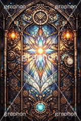 スチームパンクなステンドグラス,ステンドグラス,ガラス,色ガラス,ファンタジー,ゲーム,神殿,鉛,ハンダ,スチームパンク,歯車,かっこいい,カッコイイ,クール,西洋,教会,聖堂,glass,church,game,cool,punk,AI生成素材