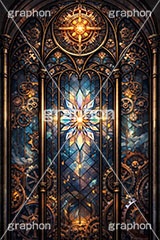 スチームパンクなステンドグラス,ステンドグラス,ガラス,色ガラス,ファンタジー,ゲーム,神殿,鉛,ハンダ,スチームパンク,歯車,かっこいい,カッコイイ,クール,西洋,教会,聖堂,glass,church,game,cool,punk,AI生成素材
