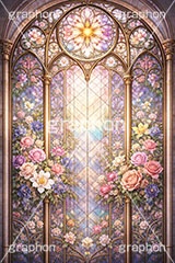 おとぎ話のステンドグラス,ステンドグラス,ガラス,色ガラス,ファンタジー,ゲーム,神殿,鉛,ハンダ,プリンセス,おとぎ話,童話,フラワー,西洋,教会,聖堂,glass,church,game,princess,AI生成素材
