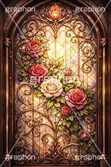 おとぎ話のステンドグラス,ステンドグラス,ガラス,色ガラス,ファンタジー,ゲーム,神殿,鉛,ハンダ,プリンセス,おとぎ話,童話,フラワー,バラ,薔薇,ローズ,西洋,教会,聖堂,glass,church,game,princess,rose,AI生成素材
