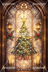 クリスマスのステンドグラス,ステンドグラス,ガラス,色ガラス,ファンタジー,神殿,鉛,ハンダ,クリスマス,ツリー,クリスマスツリー,キャンドル,ロウソク,ろうそく,蝋燭,西洋,教会,聖堂,glass,church,christmas,tree,candle,AI生成素材
