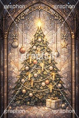 クリスマスのステンドグラス,ステンドグラス,ガラス,色ガラス,ファンタジー,神殿,鉛,ハンダ,クリスマス,ツリー,クリスマスツリー,オーナメント,西洋,教会,聖堂,glass,church,christmas,tree,ornament,AI生成素材