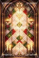 クリスマスのステンドグラス,ステンドグラス,ガラス,色ガラス,ファンタジー,神殿,鉛,ハンダ,クリスマス,キャンドル,ロウソク,ろうそく,蝋燭,西洋,教会,聖堂,glass,church,christmas,candle,AI生成素材