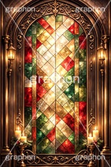 クリスマスのステンドグラス,ステンドグラス,ガラス,色ガラス,ファンタジー,神殿,鉛,ハンダ,クリスマス,キャンドル,ロウソク,ろうそく,蝋燭,西洋,教会,聖堂,glass,church,christmas,candle,AI生成素材