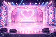 アイドルステージ,ライブステージ,アイドル,ステージ,推し,推し活,舞台,ライブ,ライヴ,コンサート,シアター,ホール,サイリウム,ペンライト,メンバーカラー,背景,照明,音楽,主役,ミュージック,ライト,スポットライト,イラスト,かわいい,カワイイ,可愛い,ハート,heart,illustration,light,hall,theater,live,stage,music,idol,cute,AI生成素材
