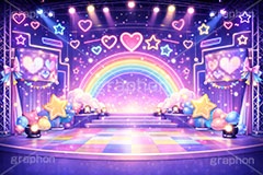 アイドルステージ,ライブステージ,アイドル,ステージ,推し,推し活,舞台,ライブ,ライヴ,コンサート,シアター,ホール,サイリウム,ペンライト,メンバーカラー,背景,照明,音楽,主役,ミュージック,ライト,スポットライト,イラスト,かわいい,カワイイ,可愛い,ハート,虹,レインボー,rainbow,heart,illustration,light,hall,theater,live,stage,music,idol,cute,AI生成素材