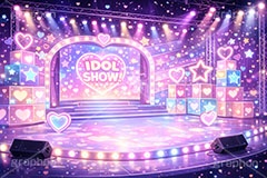アイドルステージ,ライブステージ,アイドル,ステージ,推し,推し活,舞台,ライブ,ライヴ,コンサート,シアター,ホール,サイリウム,ペンライト,メンバーカラー,背景,照明,音楽,主役,ミュージック,ライト,スポットライト,イラスト,かわいい,カワイイ,可愛い,ハート,heart,illustration,light,hall,theater,live,stage,music,idol,cute,AI生成素材