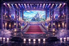 アイドルステージ,ライブステージ,アイドル,ステージ,ミュージカル,ファンタジー,西洋,お城,城,キャッスル,推し,推し活,舞台,ライブ,ライヴ,コンサート,シアター,ホール,サイリウム,ペンライト,メンバーカラー,背景,照明,音楽,主役,ミュージック,ライト,スポットライト,イラスト,かわいい,カワイイ,可愛い,illustration,light,hall,theater,live,stage,music,idol,cute,musical,castle,AI生成素材