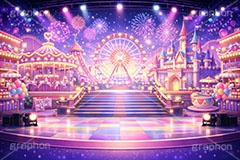 アイドルステージ,ライブステージ,アイドル,ステージ,ミュージカル,遊園地,テーマパーク,ファンタジー,西洋,お城,城,キャッスル,推し,推し活,舞台,ライブ,ライヴ,コンサート,シアター,ホール,サイリウム,ペンライト,メンバーカラー,背景,照明,音楽,主役,ミュージック,ライト,スポットライト,イラスト,かわいい,カワイイ,可愛い,illustration,light,hall,theater,live,stage,music,idol,cute,musical,castle,AI生成素材