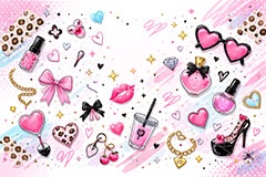 平成ギャル背景,平成ギャル,平成リバイバル,ラメ,メイク,メイク道具,リップ,口紅,香水瓶,香水,アクセ,アクセサリー,ヒョウ柄,アニマル柄,豹柄,ギャル,カワイイ,可愛い,かわいい,ハート,ジュエル,お洒落,おしゃれ,オシャレ,ファッション,懐かしい,fashion,jewel,heart,makeup,gal,texture,AI生成素材