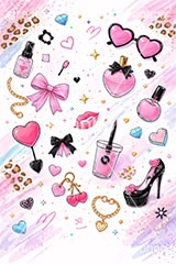 平成ギャル背景,平成ギャル,平成リバイバル,ラメ,メイク,メイク道具,リップ,口紅,香水瓶,香水,アクセ,アクセサリー,ヒョウ柄,アニマル柄,豹柄,ギャル,カワイイ,可愛い,かわいい,ハート,ジュエル,お洒落,おしゃれ,オシャレ,ファッション,懐かしい,fashion,jewel,heart,makeup,gal,texture,AI生成素材